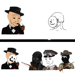 A Mafia Wujok Talking to Wojak with Mask and Wojok Mafia with Mask with 2 Soldiers