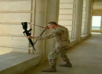 Soldier using gun like a bow