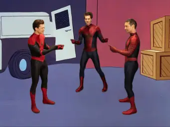 3 spider men pointing at each other