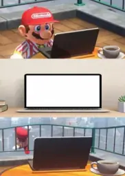 Mario jumping after looking at laptop screen