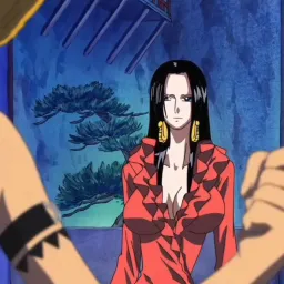 Luffy talking and Hancock looking lovingly at Luffy