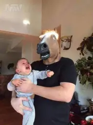 A man with a horse's head and a boy