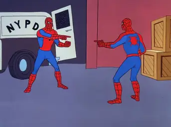 2 Spidermans pointing to each other