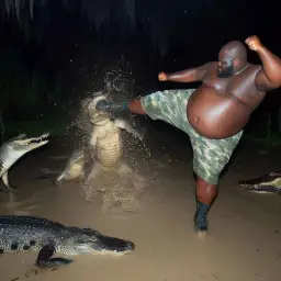 Fat man fighting crocodiles