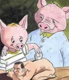 Two pigs throwing a coin in a human