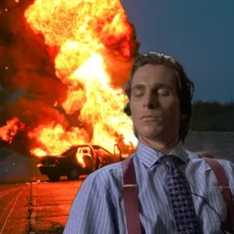 relaxed patrick bateman and expeloded car
