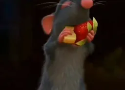 Mice chefs eating strawberries and mango