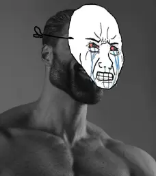 Gigachad with crying wojak mask