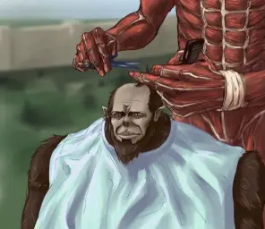 A titan cutting another titan's hair