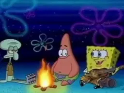 Sponge bob playing guitar next to the fire