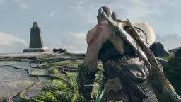 kratos jumping from a mountain