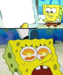 Sponge Bob is watching paper and surprisingly 3 surprised