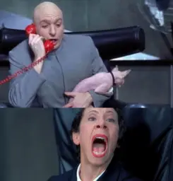 Dr evil talking on the phone and scared woman