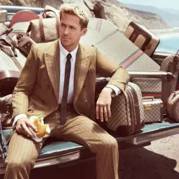 Ryan Gosling next to gucci bags