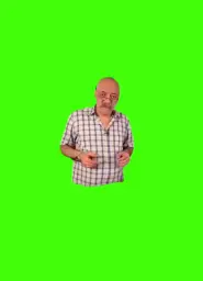 The man is talking with his mouth full and pointing Green Screen