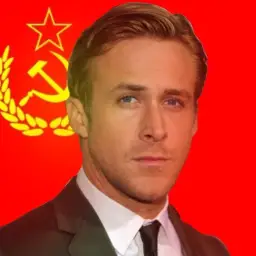 Ryan Gosling in front of the communist flag