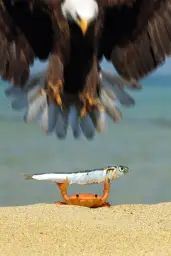 Tiny proud crab about to have his catch stolen by an eagle