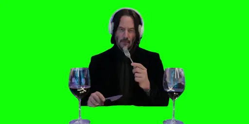 Green screen of Keanu Reeves eating and crying