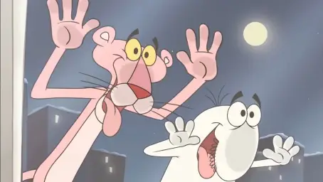 A pink panther with a white man 