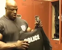 رونی کلمن درحال پوشیدن لباس پلیس