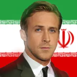 Ryan Gosling in front of the Iranian flag