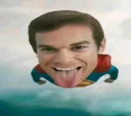 Dexter with superman's cloths in the air