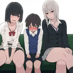 دو دختربزرگ کنار یک پسر بچه خجالتی. (نسخه پر کیفیت)