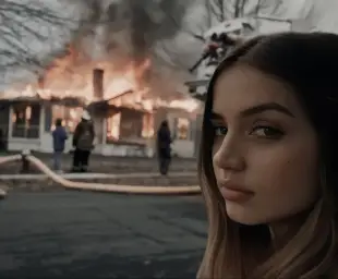 Girl in front of the house