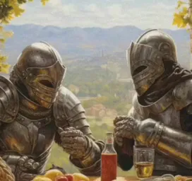 Two knights in eating together