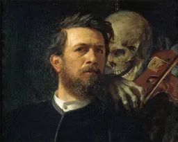 skeleton whispering in man's ear