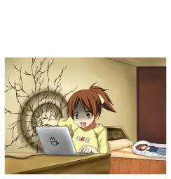 anime girl punching wall while seeing something on laptop