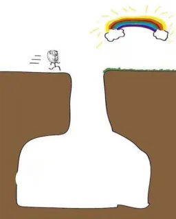 مرد درحال رد شدن از چاله برای رسیدن به رنگین کمان