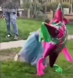 دختر در حال ضربه زدن با چوب بیسبال به عروسک