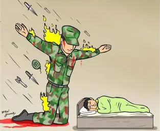 Soldier protecting sleeping person