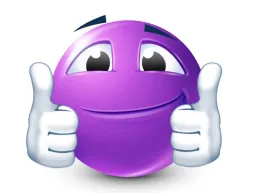 Purple emoji showing like with two hands and smiling