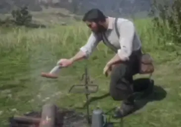 Arthur Morgan is cooking sausages