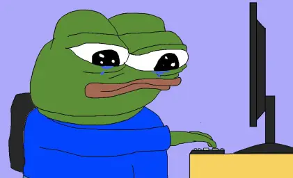 sad helper pepe pressing button on computer