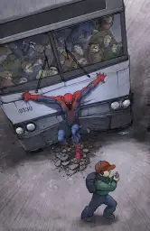 Spiderman holding back a bus