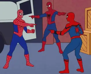 3 spidermans pointing at each other