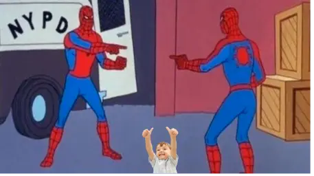 Spidermans pointing and an exited kid