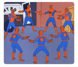 spiderman pointing each other