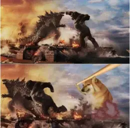 godzilla and kinkong chased by doge