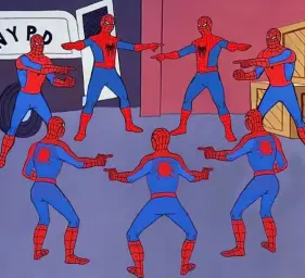 8 spidermen pointing