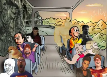 Several happy guys on bus vs. several sad guys on bus