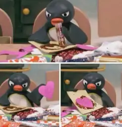 Angry Pingu making a card