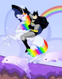 Batman Riding a Rainbow Unicorn