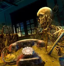 Skeleton waiting for dusty phone to ring